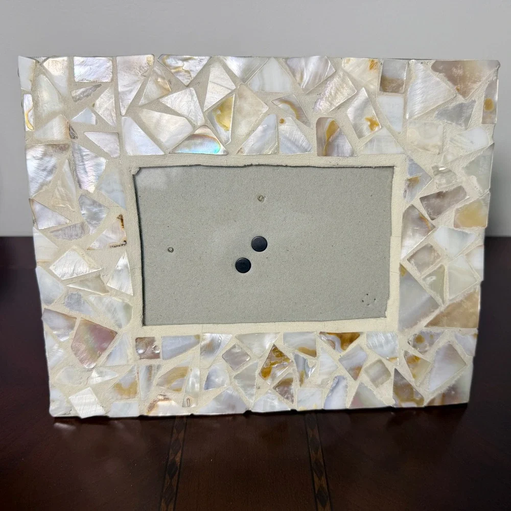 Vintage Mother of Pearl Mosaic Picture Frame Iridescent Shell Size 4 X 6 Boho